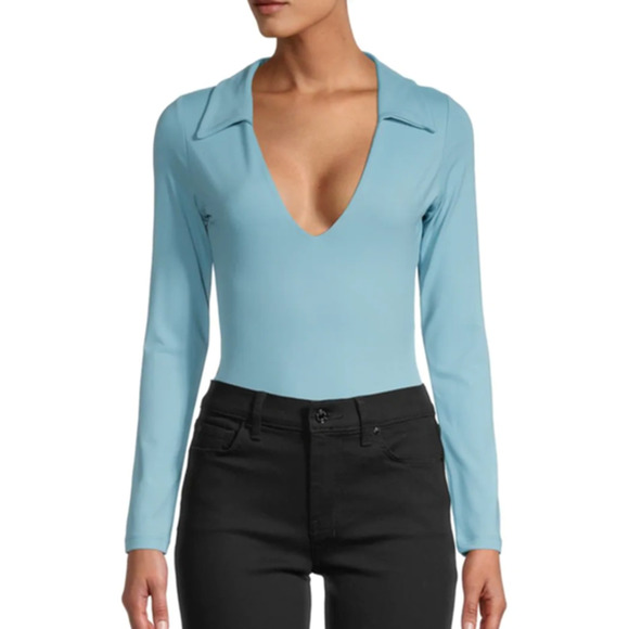 Susana Monaco Tops - SUSANA MONACO Collared Bodysuit V-Neck Size XS NEW Waterfall Teal Blue